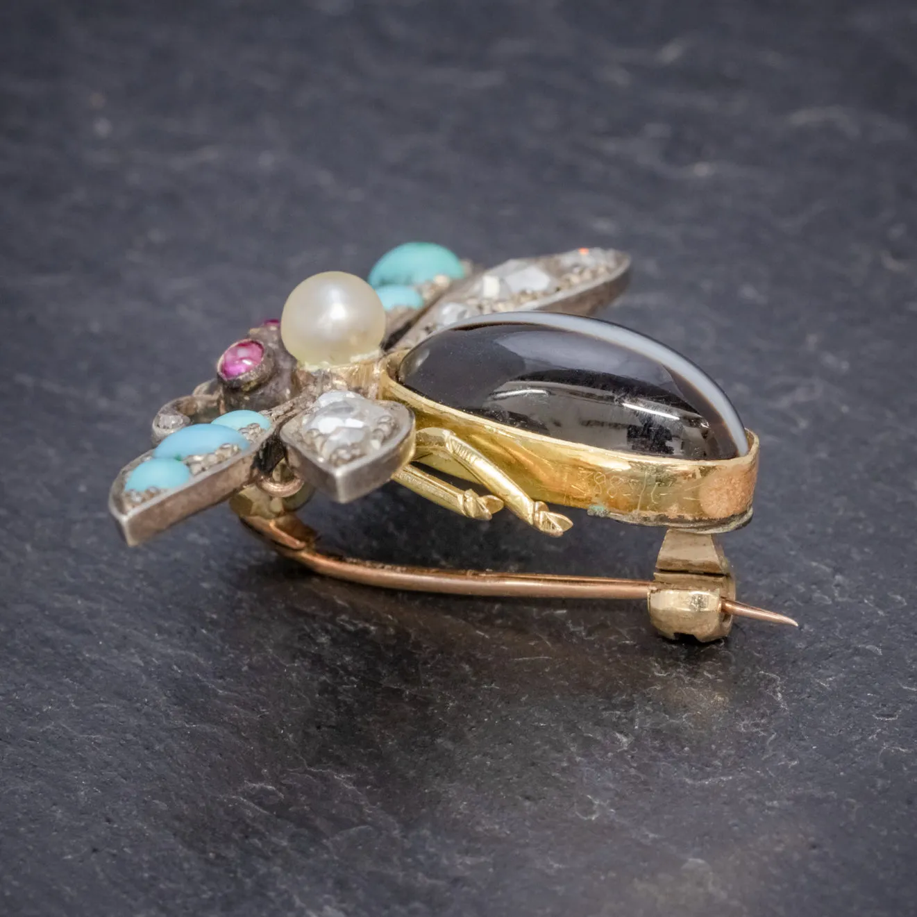 Antique Victorian Insect Brooch Diamond Turquoise Pearl Agate Silver 18Ct Gold Circa 1880