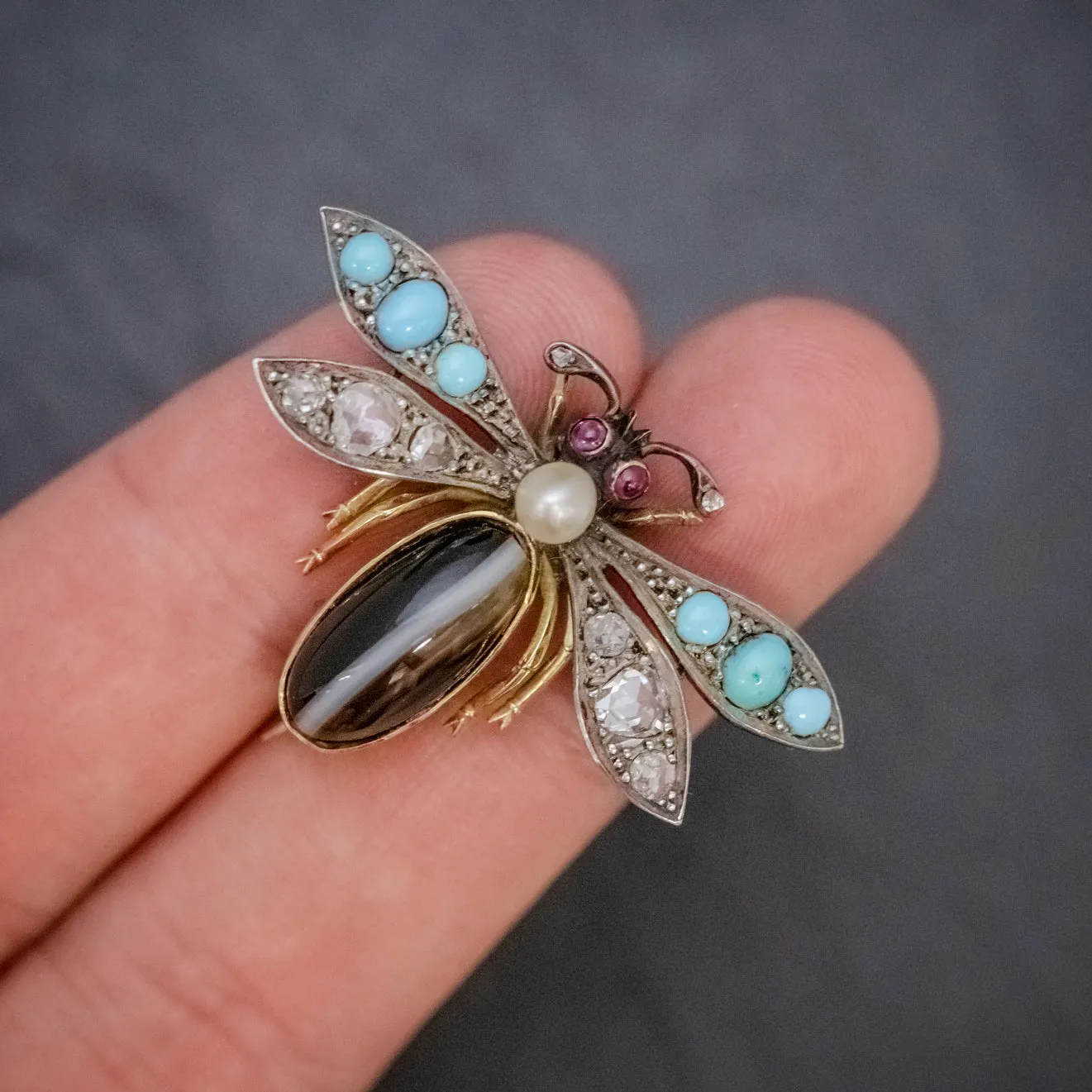 Antique Victorian Insect Brooch Diamond Turquoise Pearl Agate Silver 18Ct Gold Circa 1880