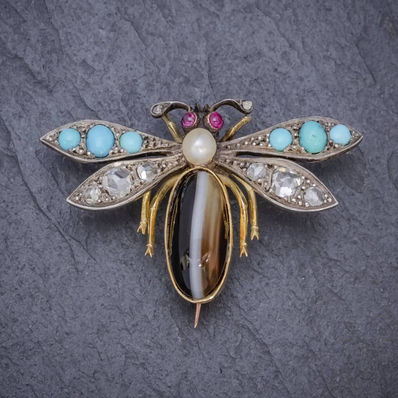 Antique Victorian Insect Brooch Diamond Turquoise Pearl Agate Silver 18Ct Gold Circa 1880