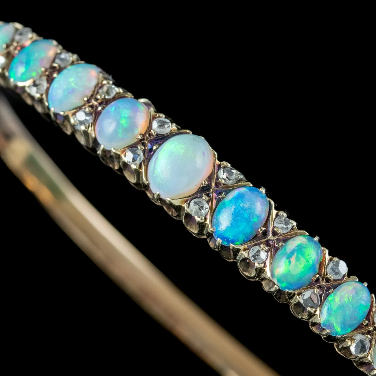 Antique Victorian Opal Diamond Bangle 9ct Gold 2.6ct Of Opal