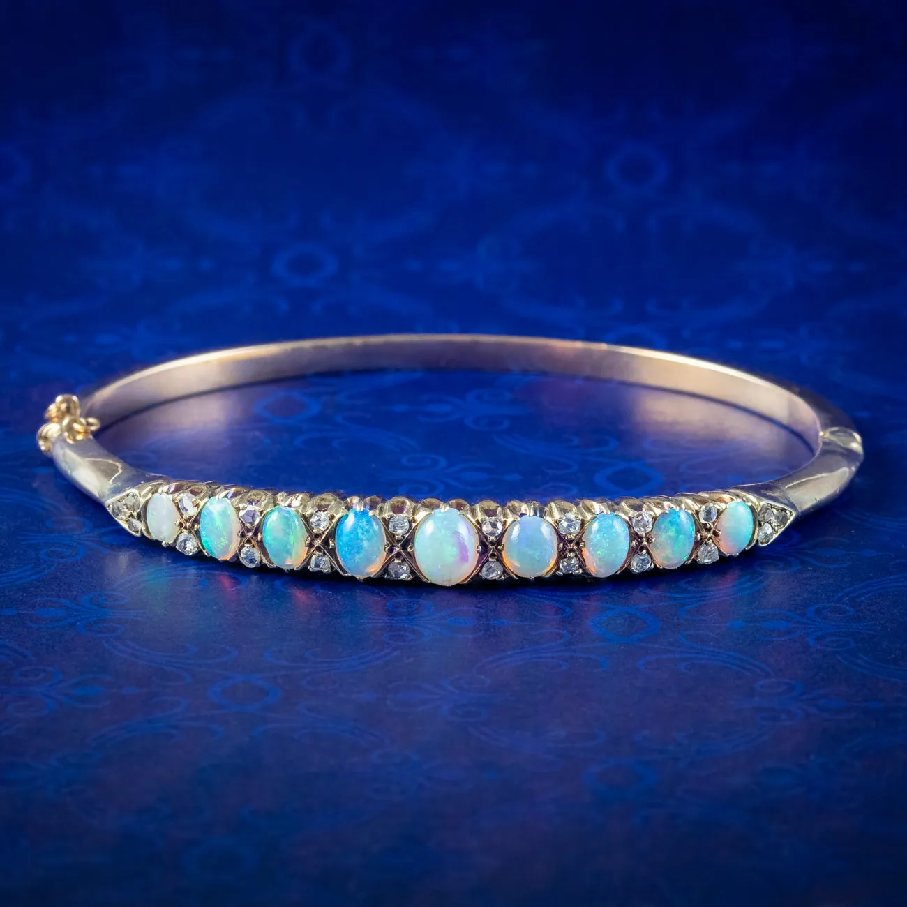 Antique Victorian Opal Diamond Bangle 9ct Gold 2.6ct Of Opal