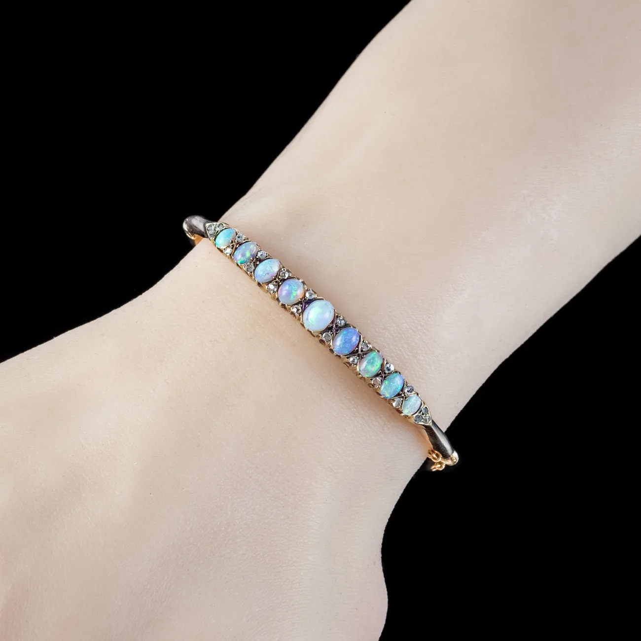 Antique Victorian Opal Diamond Bangle 9ct Gold 2.6ct Of Opal