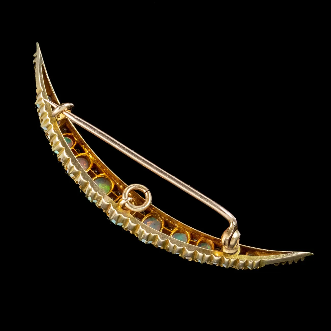 Antique Victorian Opal Diamond Crescent Moon Brooch 18ct Gold