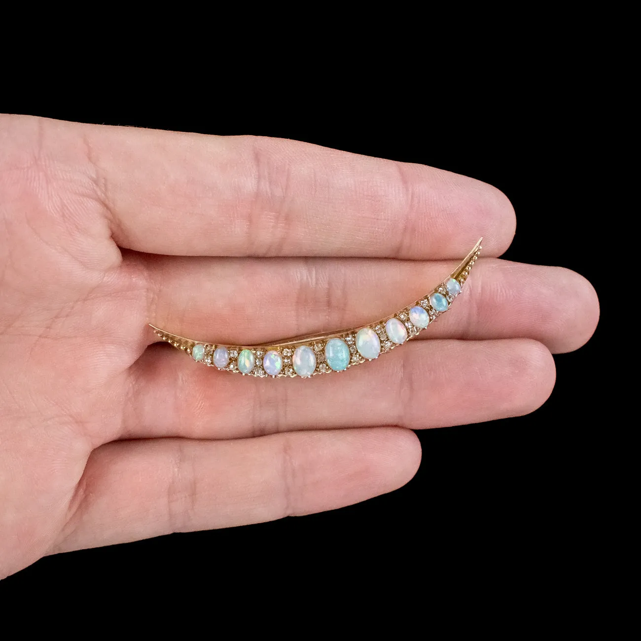 Antique Victorian Opal Diamond Crescent Moon Brooch 18ct Gold