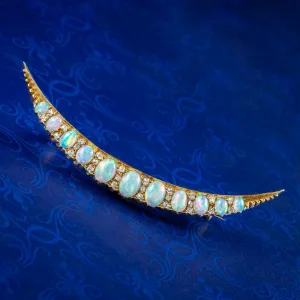 Antique Victorian Opal Diamond Crescent Moon Brooch 18ct Gold