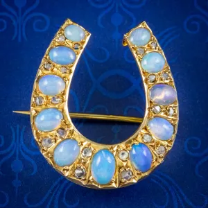 Antique Victorian Opal Diamond Horseshoe Brooch 15ct Gold