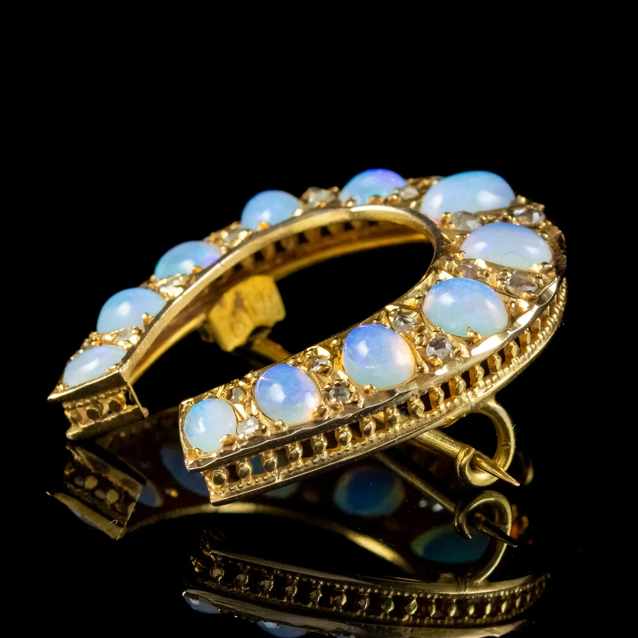 Antique Victorian Opal Diamond Horseshoe Brooch 15ct Gold