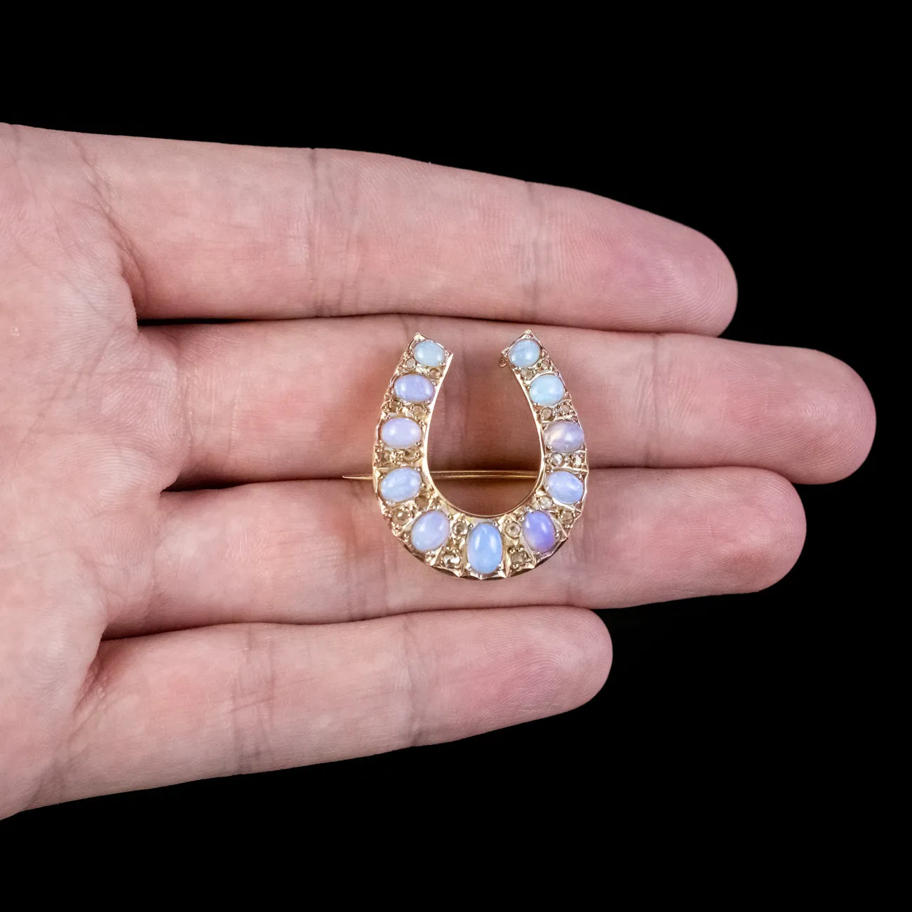 Antique Victorian Opal Diamond Horseshoe Brooch 15ct Gold