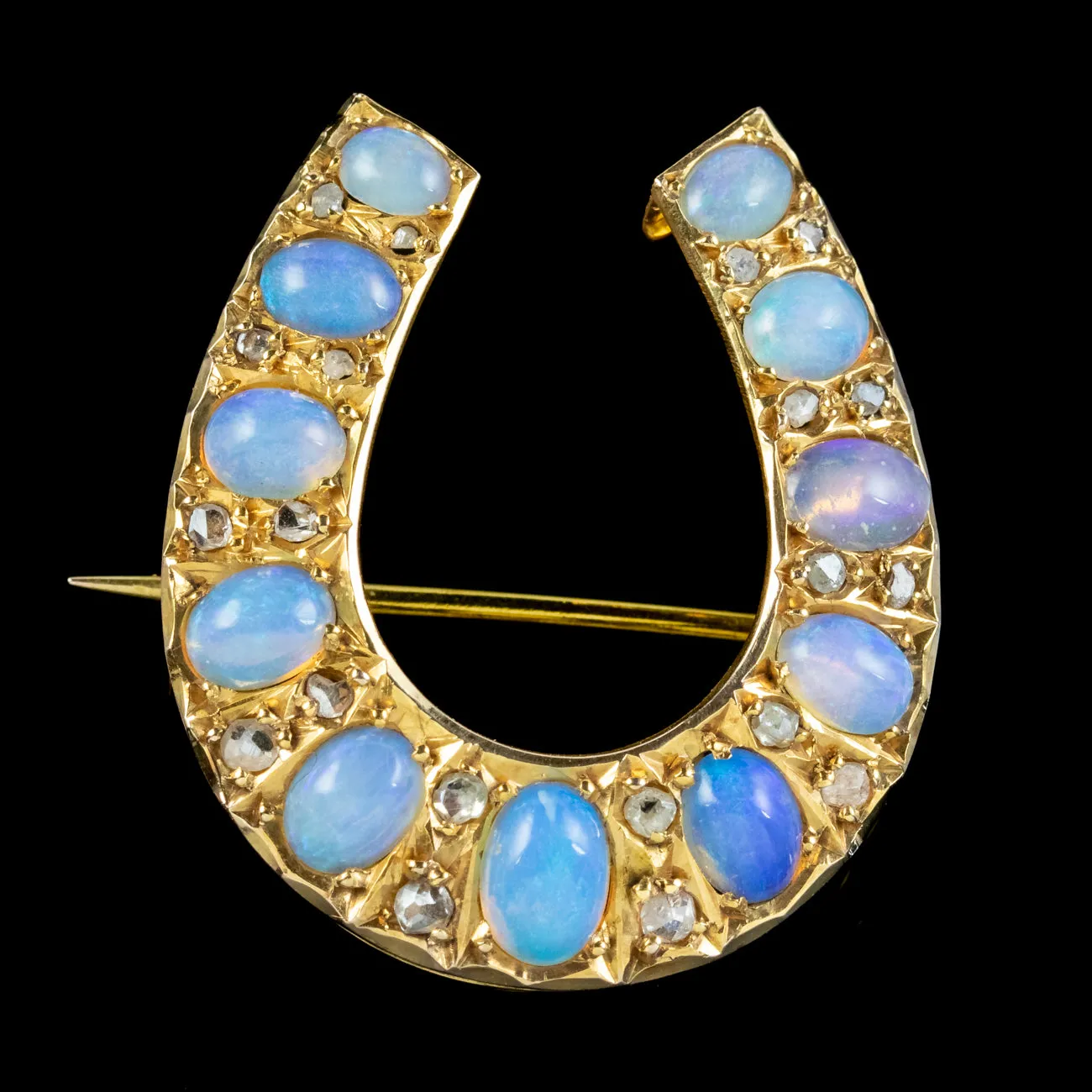 Antique Victorian Opal Diamond Horseshoe Brooch 15ct Gold