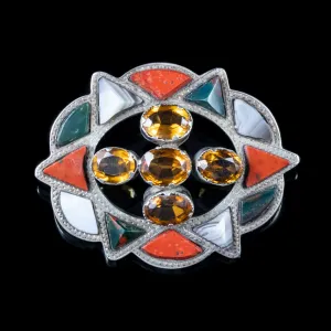 Antique Victorian Scottish Citrine Agate Brooch Silver Dated 1868