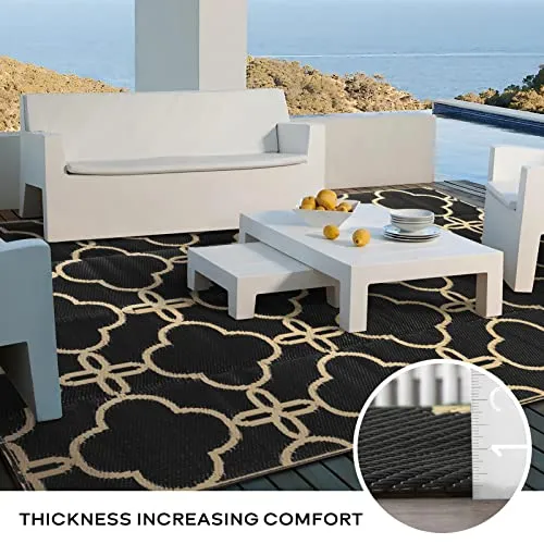 Ashler Black Outdoor Patio Rug, Waterproof Rug for Outside, 5x8 Plastic Straw Rug, Clearance Reversible Camping Mats, Outdoor Area Rugs with Carrying Bag, for RV, Picnic, Backyard, Indoor