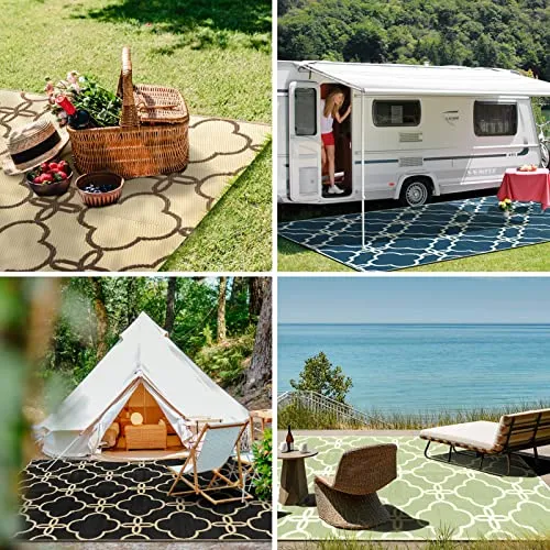 Ashler Black Outdoor Patio Rug, Waterproof Rug for Outside, 5x8 Plastic Straw Rug, Clearance Reversible Camping Mats, Outdoor Area Rugs with Carrying Bag, for RV, Picnic, Backyard, Indoor