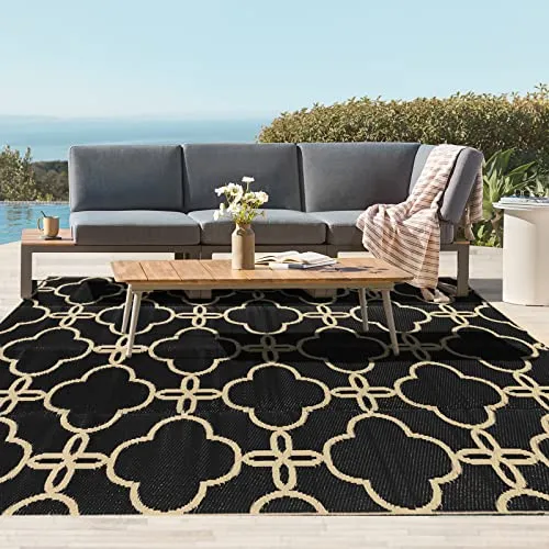 Ashler Black Outdoor Patio Rug, Waterproof Rug for Outside, 5x8 Plastic Straw Rug, Clearance Reversible Camping Mats, Outdoor Area Rugs with Carrying Bag, for RV, Picnic, Backyard, Indoor
