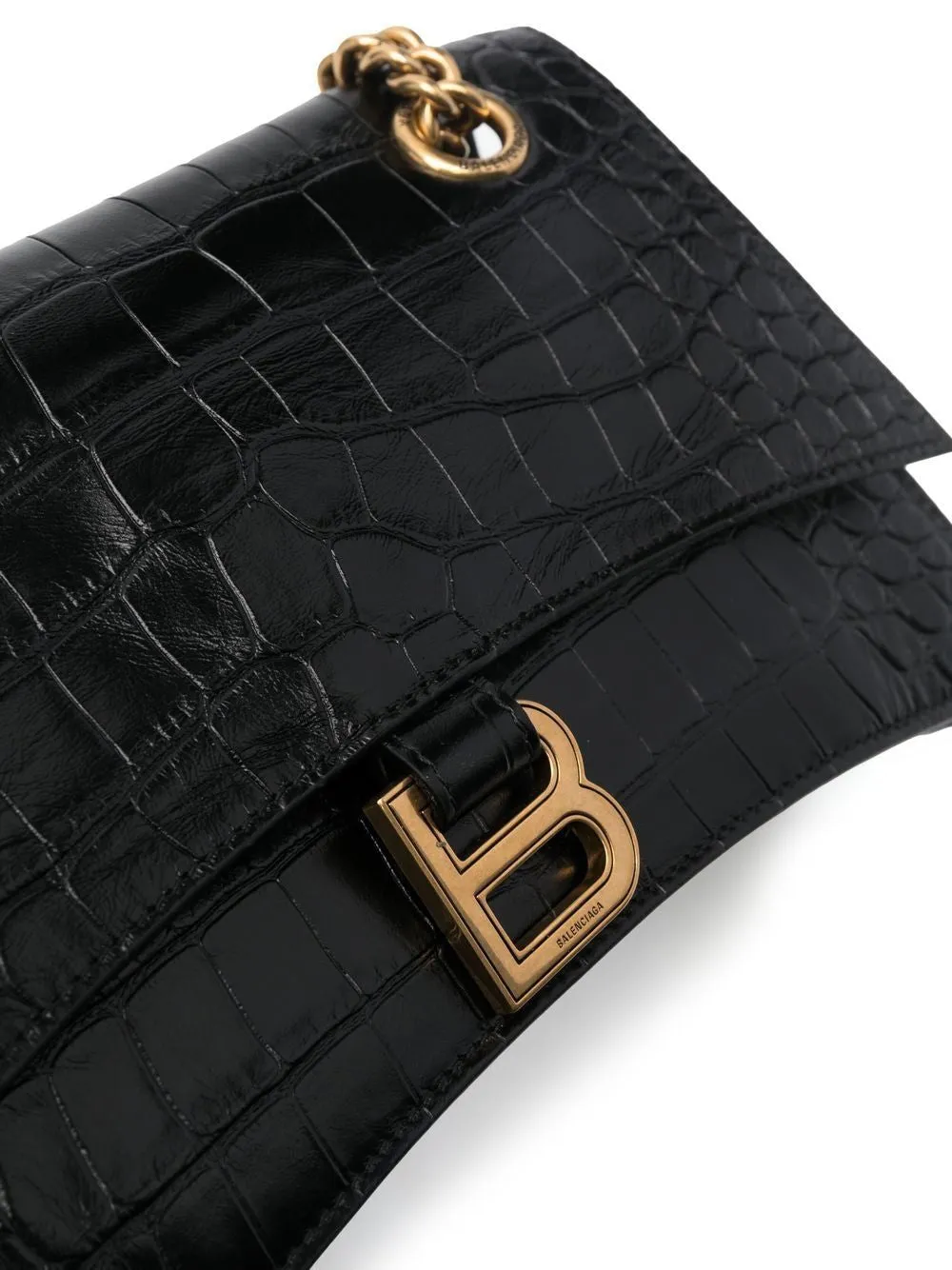 BALENCIAGA CRUSH CHAIN SMALL BAG IN CROCODILE-EMBOSSED LEATHER.  DIMENSIONS: L24.9 X H14 X W7.9 CM.  49.8 CM LONG CHAIN SHOULDER STRAP.  CURVILINEAR BOTTOM.  AGED GOLD FINISH.  STUDDED MAGNET
