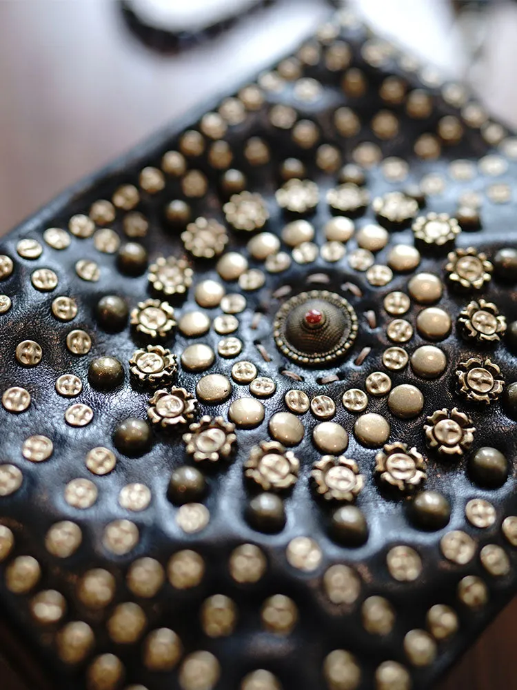 Black Leather Studded Crossbody Bag Purse For Women