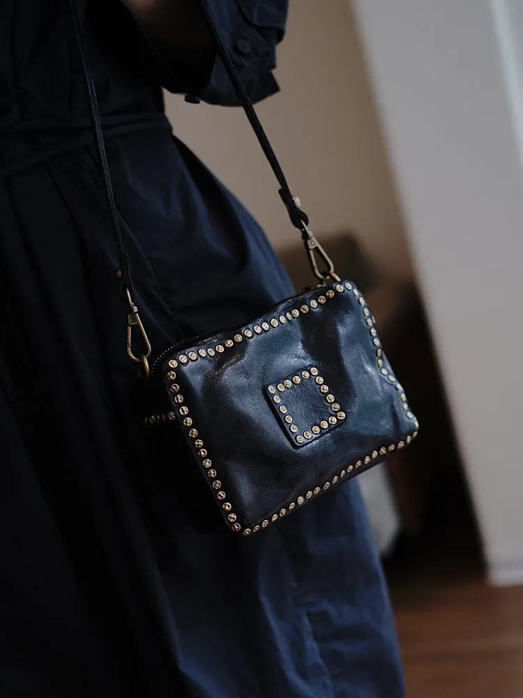 Black Leather Studded Crossbody Bag Purse For Women