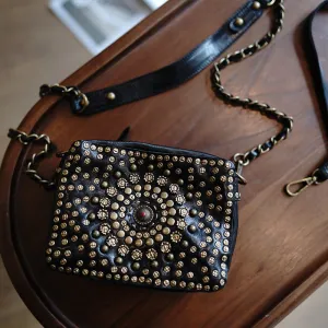 Black Leather Studded Crossbody Bag Purse For Women