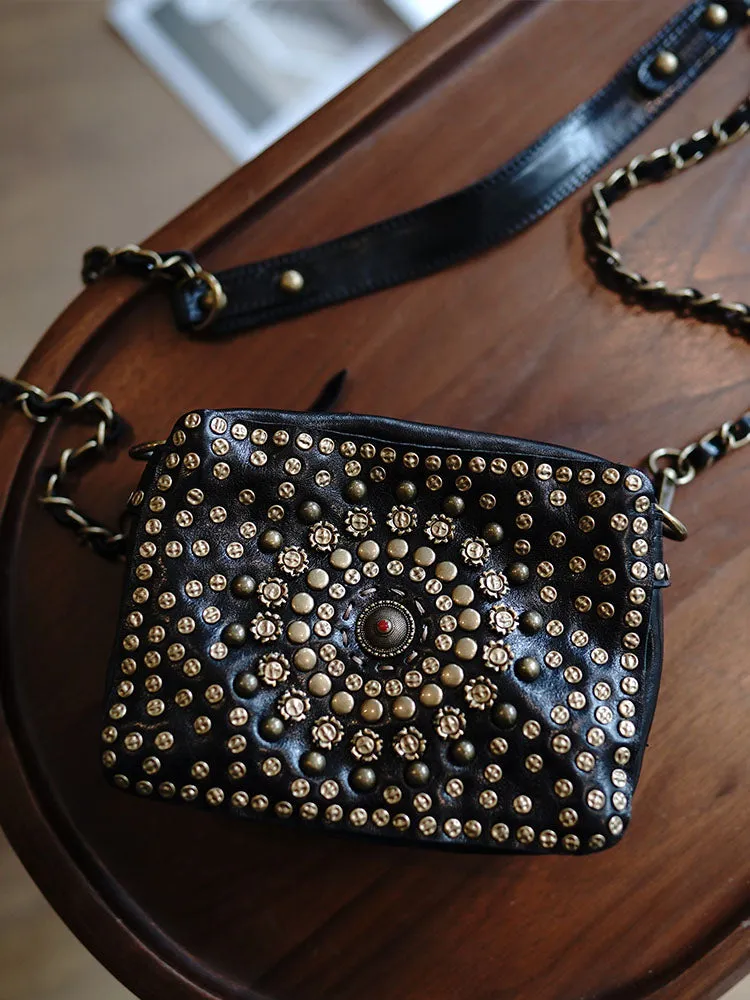 Black Leather Studded Crossbody Bag Purse For Women