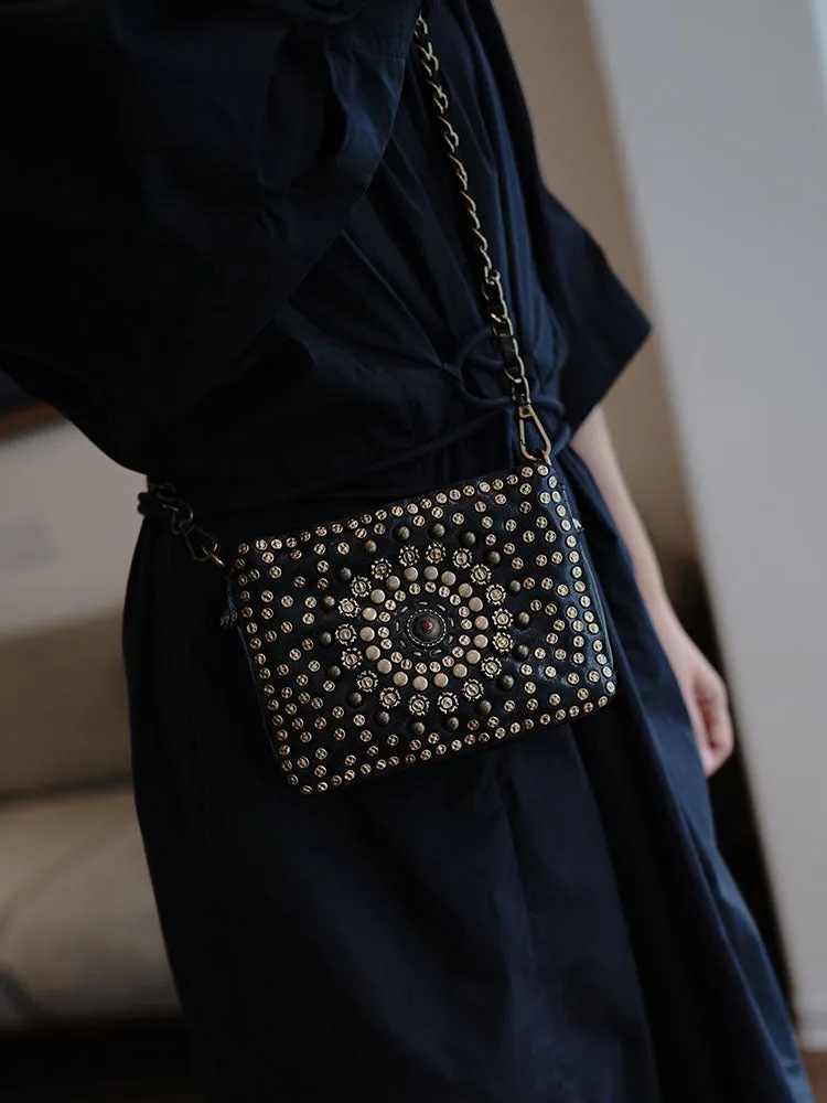 Black Leather Studded Crossbody Bag Purse For Women