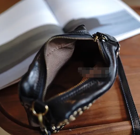 Black Leather Studded Crossbody Bag Purse For Women