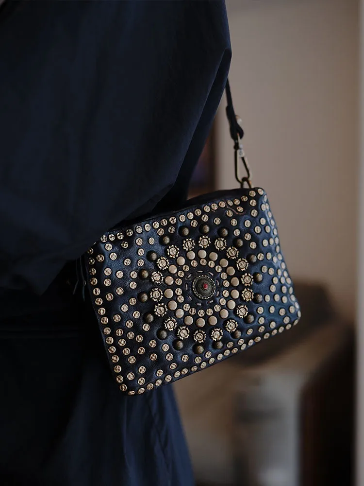 Black Leather Studded Crossbody Bag Purse For Women