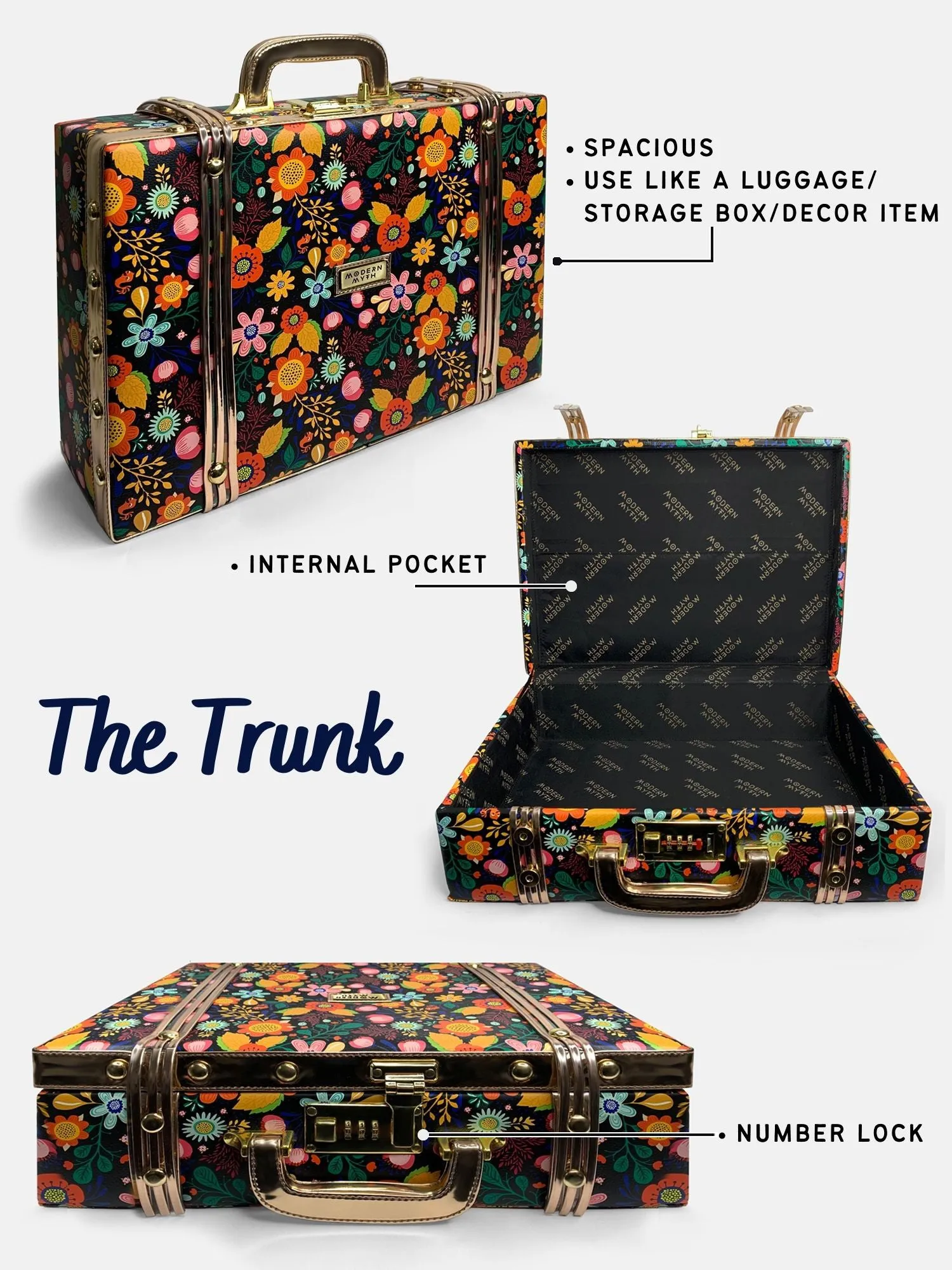 Boho Printed & Rosegold Trunk cum Luggage Bag | Modern Myth