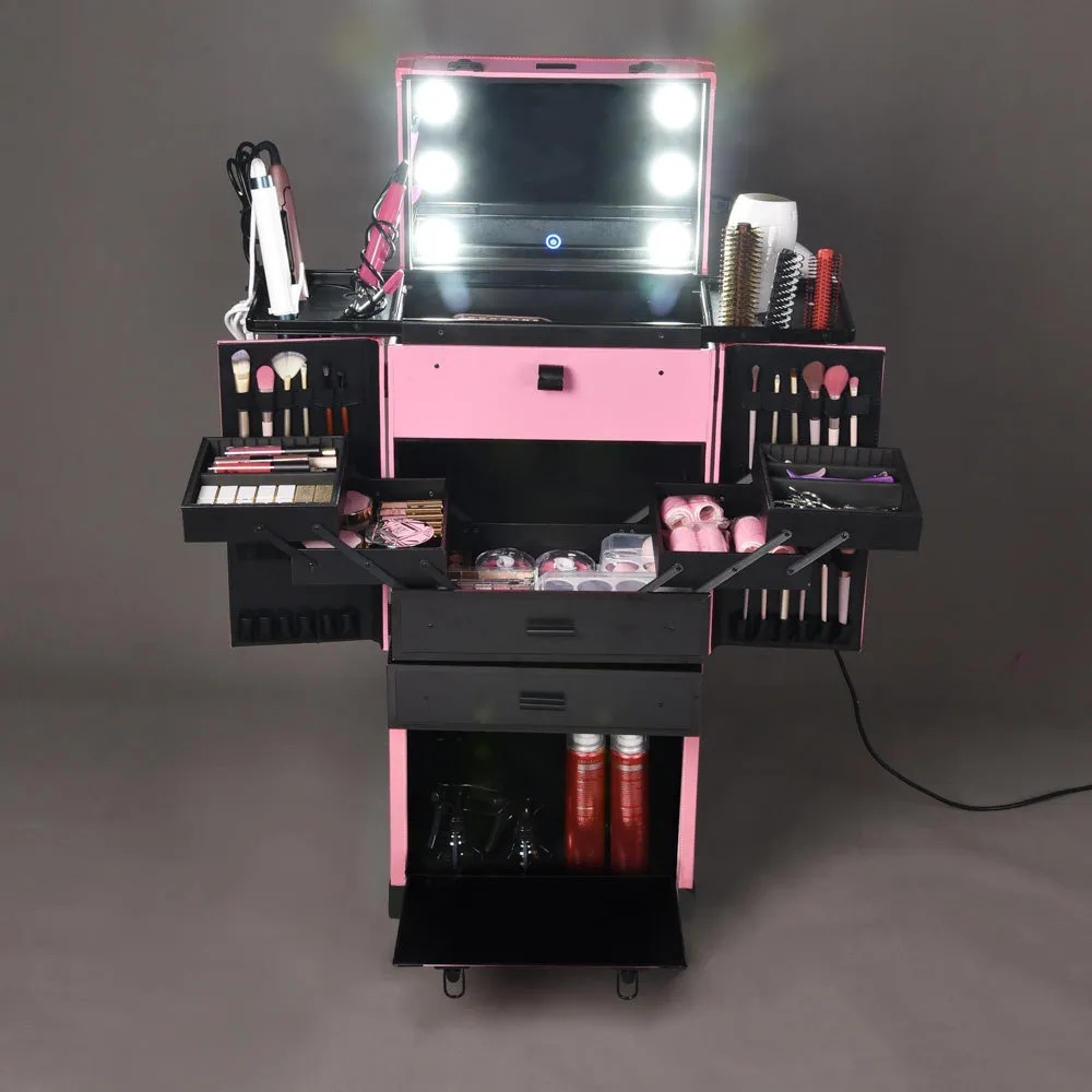 Byootique MassLux Pink Rolling Hair Stylist Makeup Case Salon Trolley