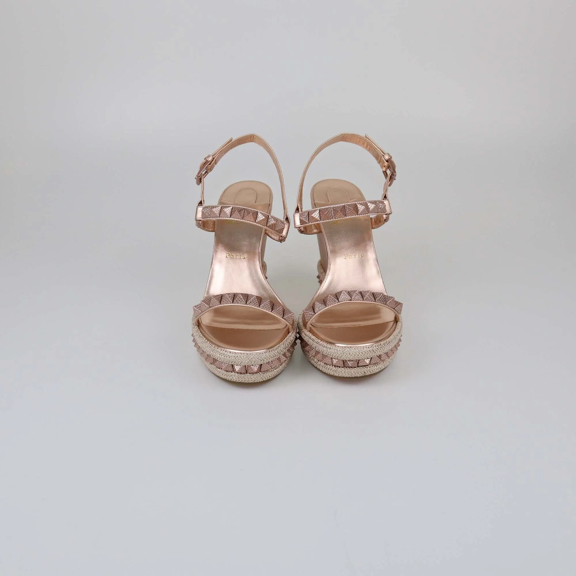 Christian Louboutin Rose Gold Studded Pyraclou Wedge Sandals