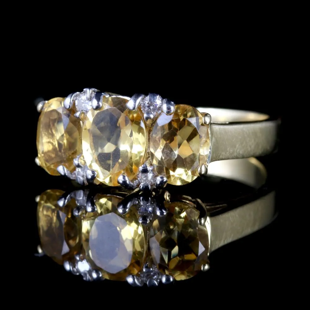 Citrine Diamond Trilogy Ring 9Ct Gold Ring