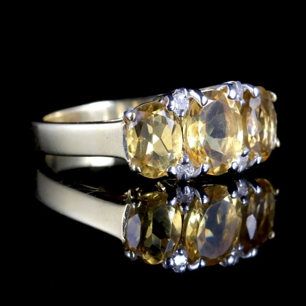 Citrine Diamond Trilogy Ring 9Ct Gold Ring