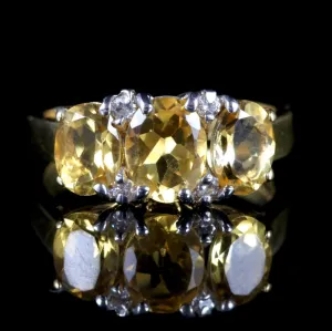 Citrine Diamond Trilogy Ring 9Ct Gold Ring