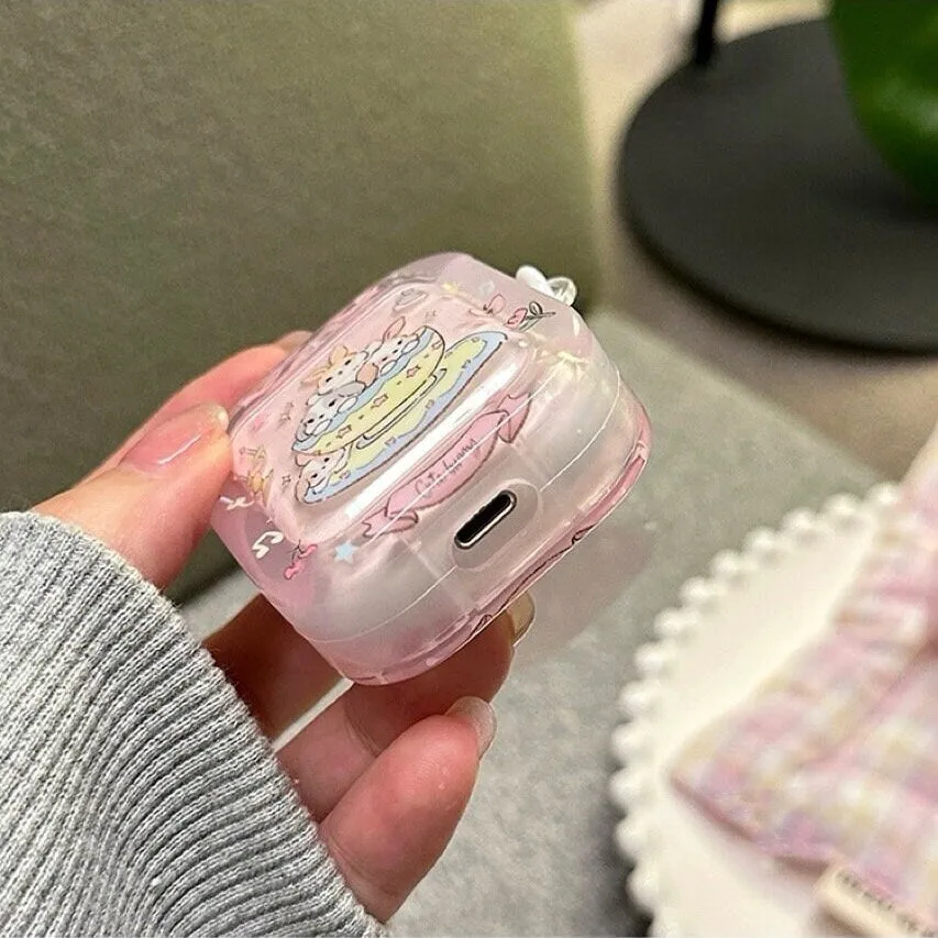Cute Clear Pink Teacup Rabbit Cartoon Protective Cover AirPods Case   Bead Strap for AirPods 1 2 3 Pro 2 Generation Shockproof AirPods Case