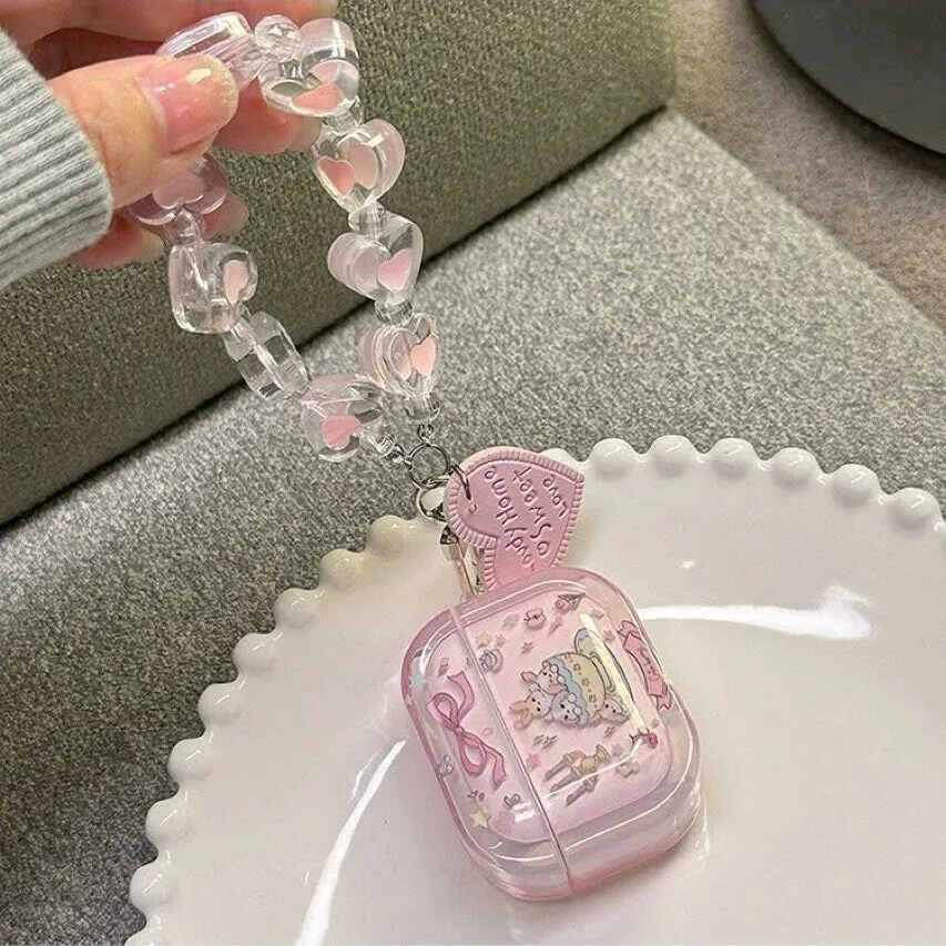 Cute Clear Pink Teacup Rabbit Cartoon Protective Cover AirPods Case   Bead Strap for AirPods 1 2 3 Pro 2 Generation Shockproof AirPods Case
