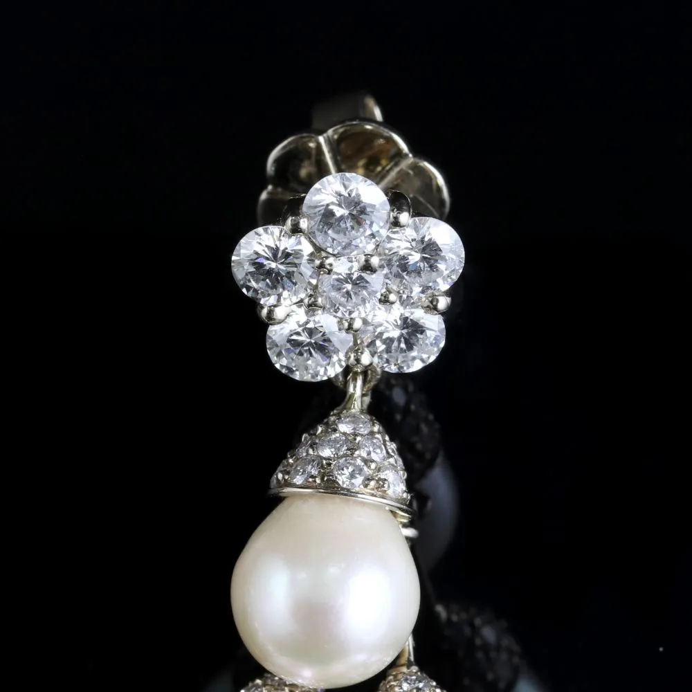 Diamond Pearl Earrings Fabulous Long Earrings Circa 1950 4Ct Of Diamonds