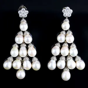 Diamond Pearl Earrings Fabulous Long Earrings Circa 1950 4Ct Of Diamonds