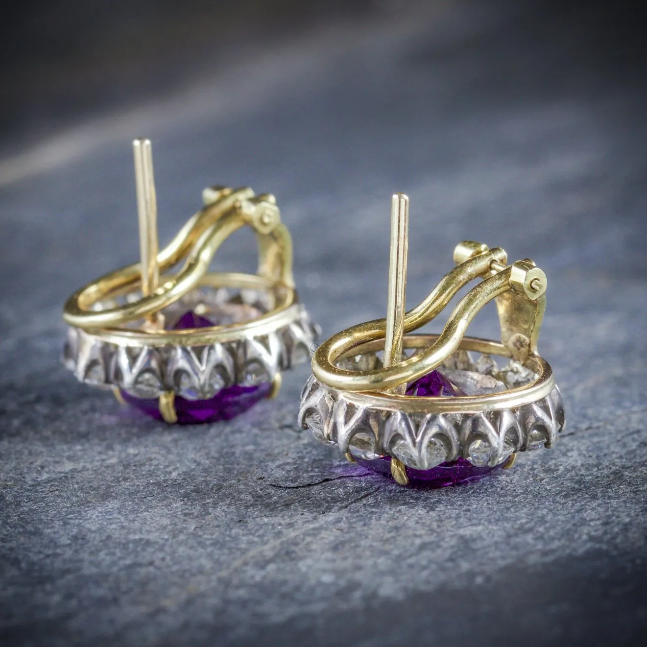 Edwardian Amethyst Diamond Earrings 18Ct Gold 2.20Ct Diamond