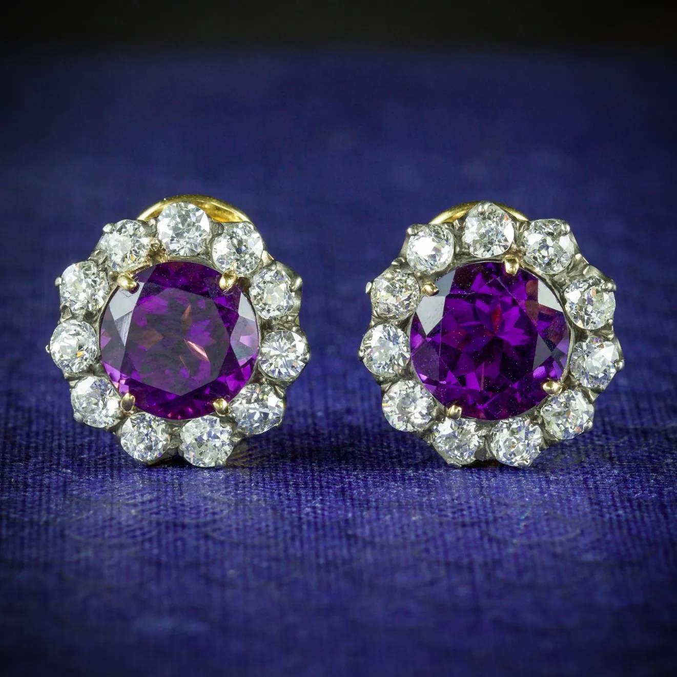 Edwardian Amethyst Diamond Earrings 18Ct Gold 2.20Ct Diamond