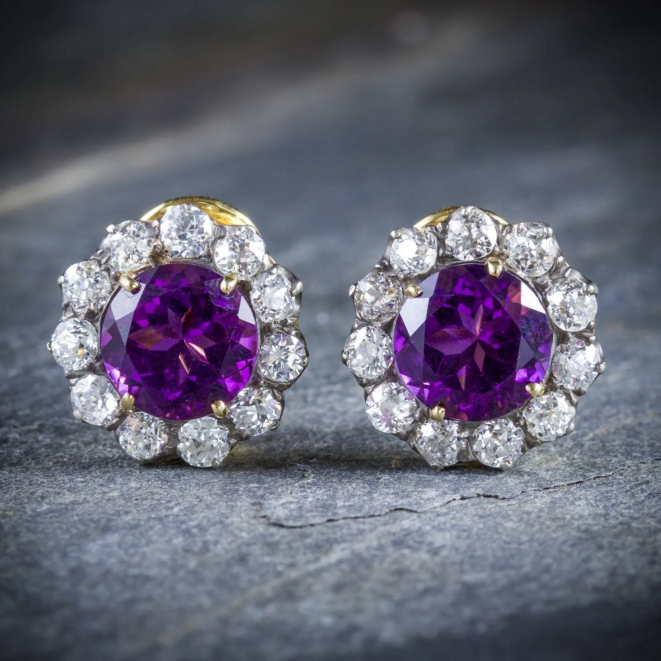 Edwardian Amethyst Diamond Earrings 18Ct Gold 2.20Ct Diamond