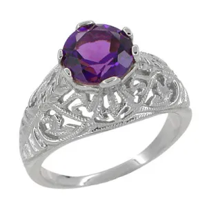 Edwardian Amethyst Filigree Ring in 14 Karat White Gold