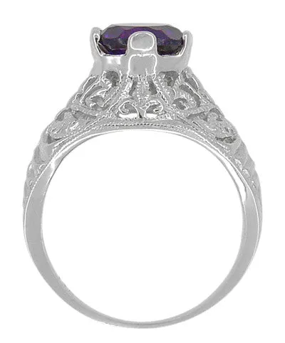 Edwardian Amethyst Filigree Ring in 14 Karat White Gold