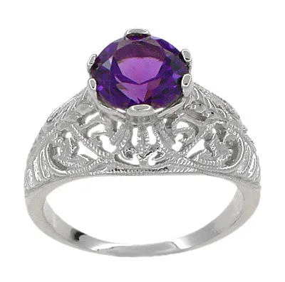 Edwardian Amethyst Filigree Ring in 14 Karat White Gold