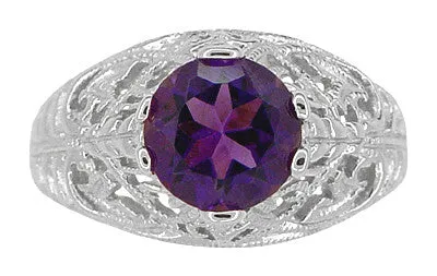 Edwardian Amethyst Filigree Ring in 14 Karat White Gold