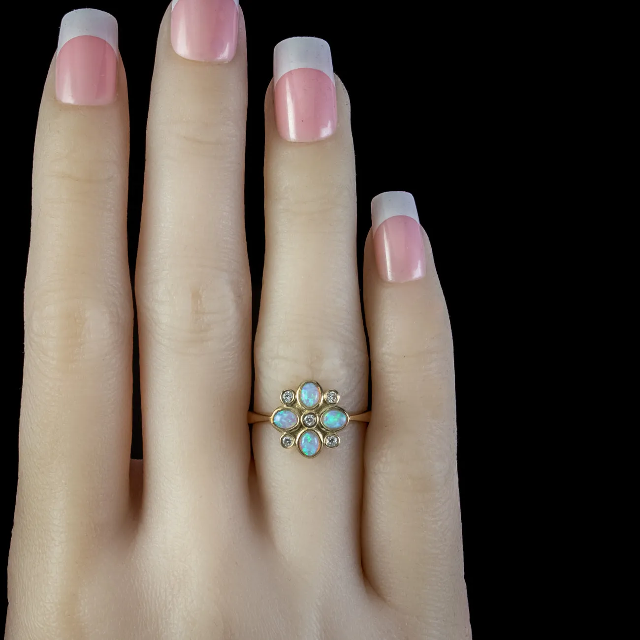Edwardian Style Opal Diamond Cluster Ring 9ct Gold