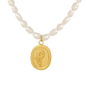 French Sunflower Carved Pearl Necklace with Vintage Charm