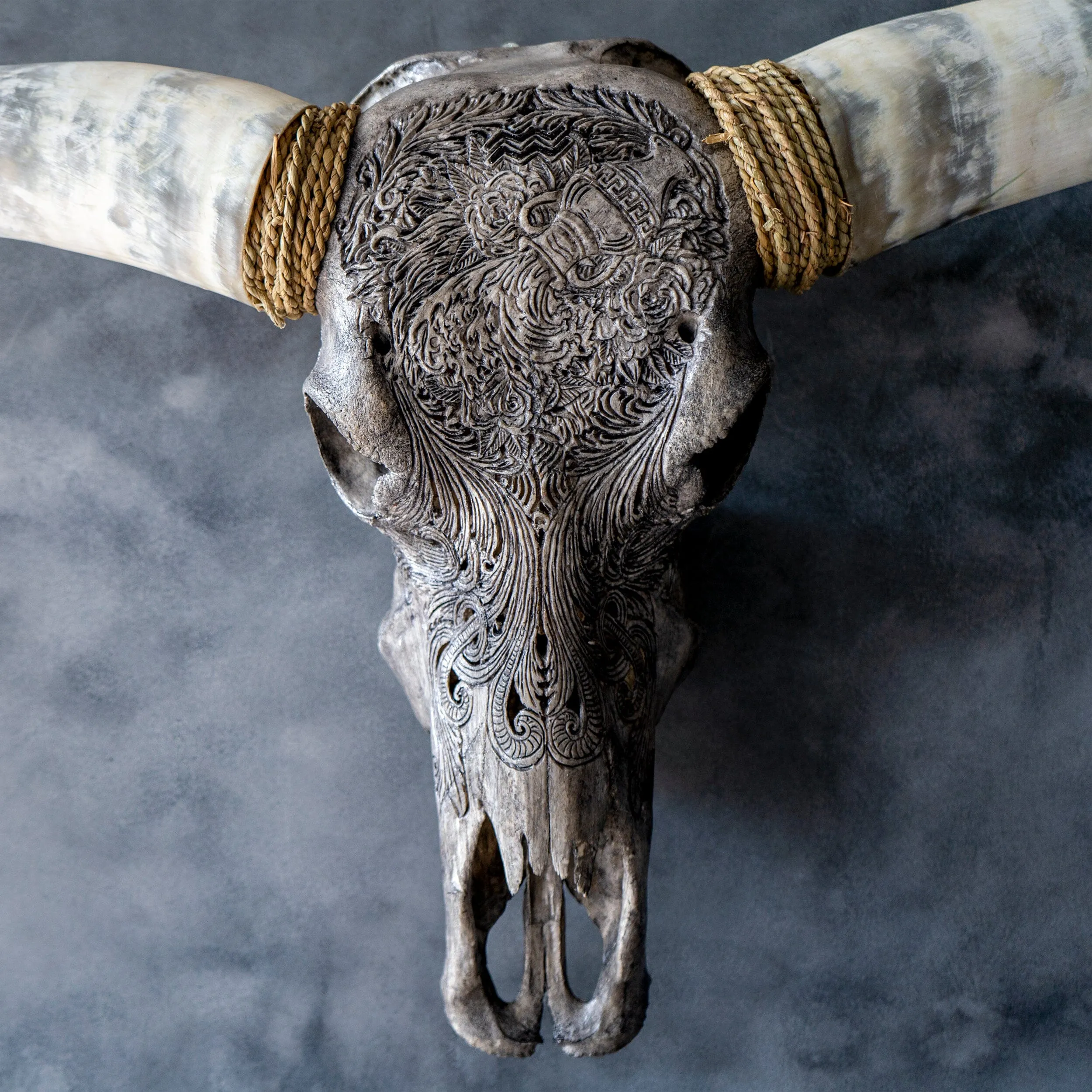 Hand Carved Longhorn Skull - Gray Aquarius