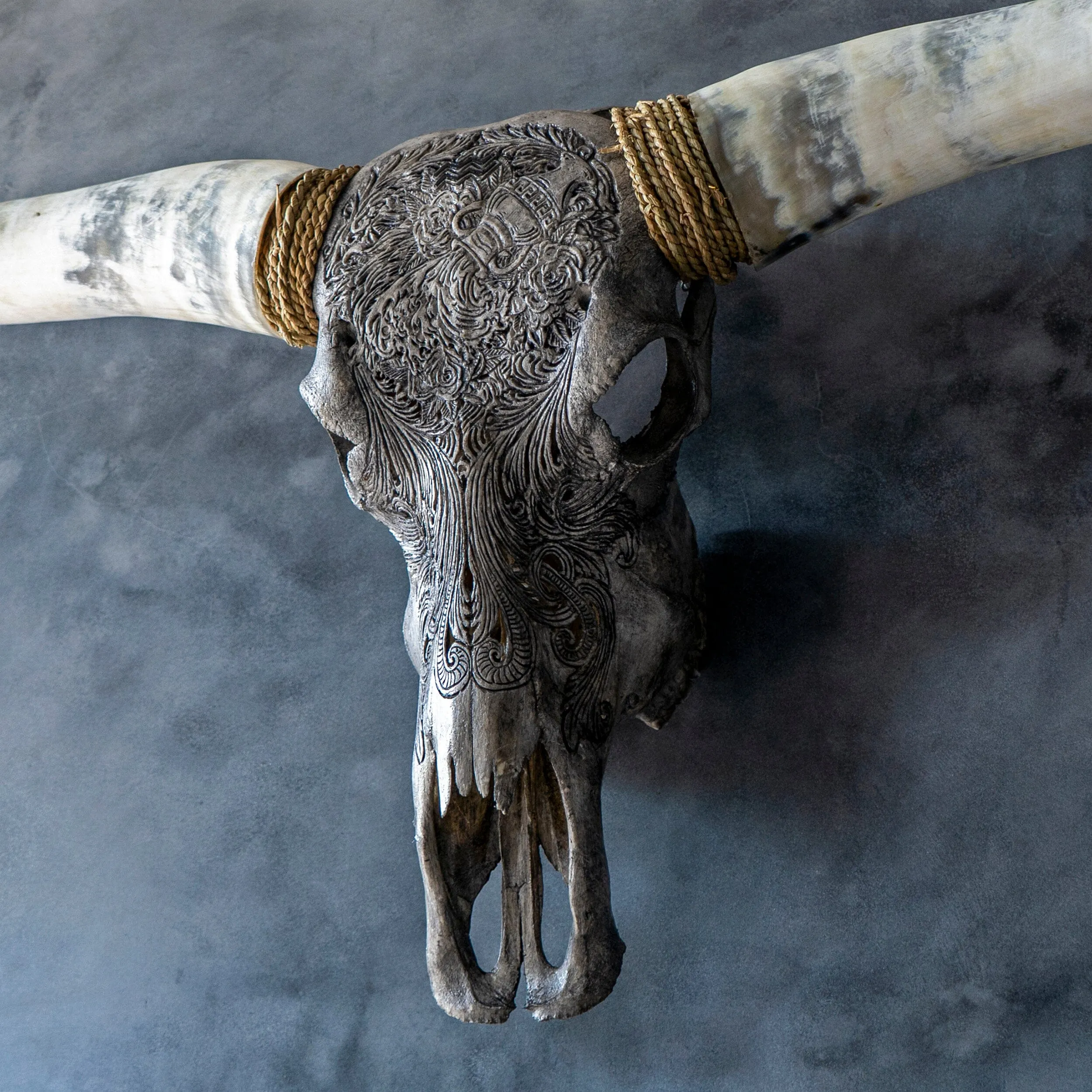 Hand Carved Longhorn Skull - Gray Aquarius