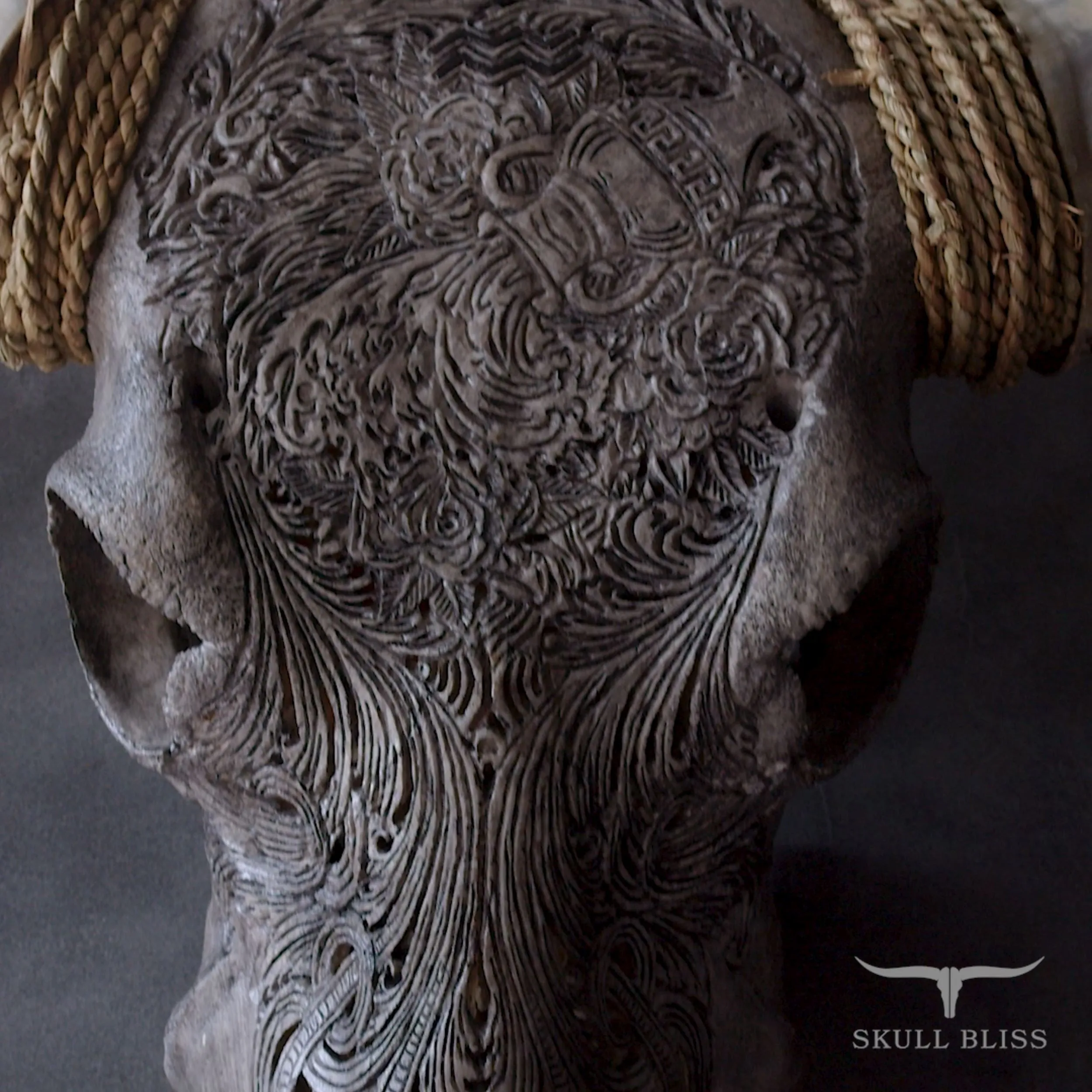 Hand Carved Longhorn Skull - Gray Aquarius