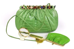 JUDITH LEIBER green crocodile skin jewel frame clutch handbag