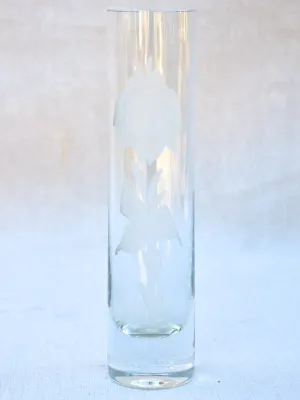 Mid-century crystal vase with engraved flower 8¼"
