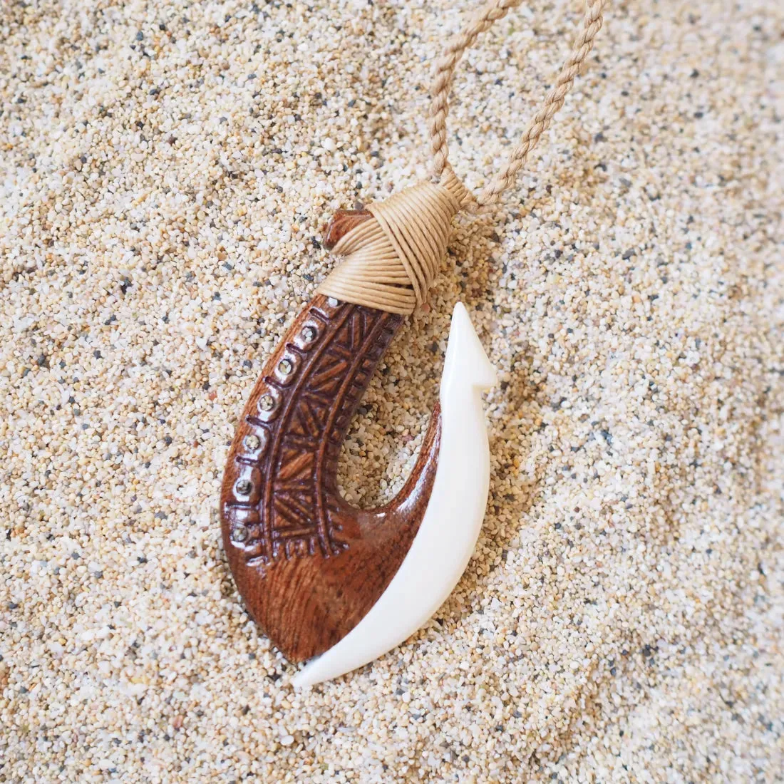 Moana Koa Wood & Bone Fish Hook Necklace